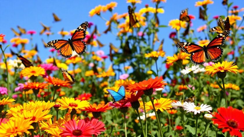 Colorful butterflies in a blooming garden under a blue sky.