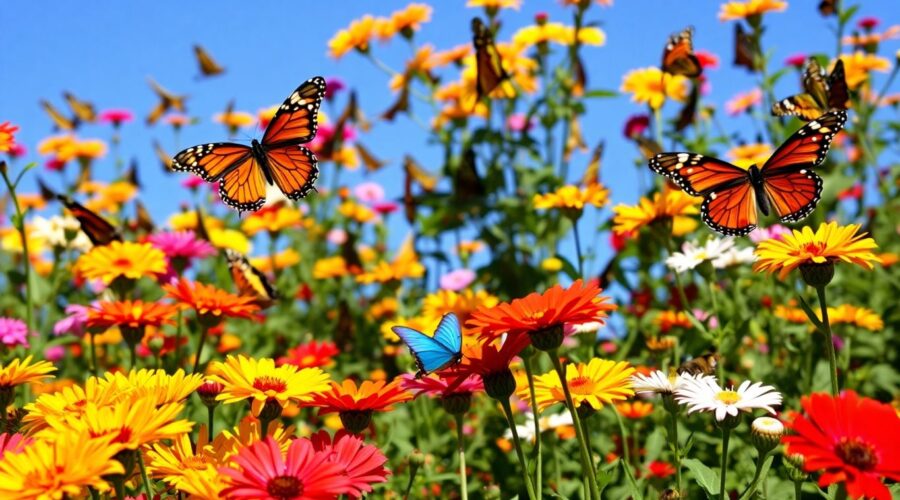 Colorful butterflies in a blooming garden under a blue sky.