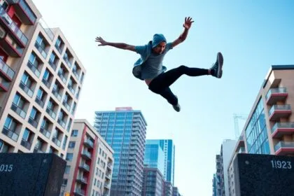 Athlete performing parkour in an urban environment.