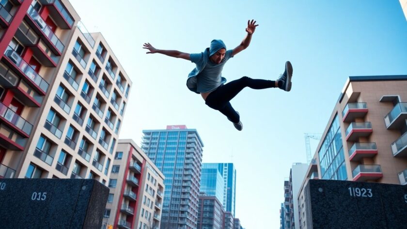 Athlete performing parkour in an urban environment.