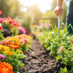 Gardener working in a colorful flower garden.