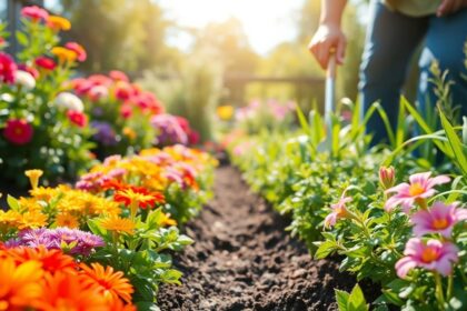 Gardener working in a colorful flower garden.