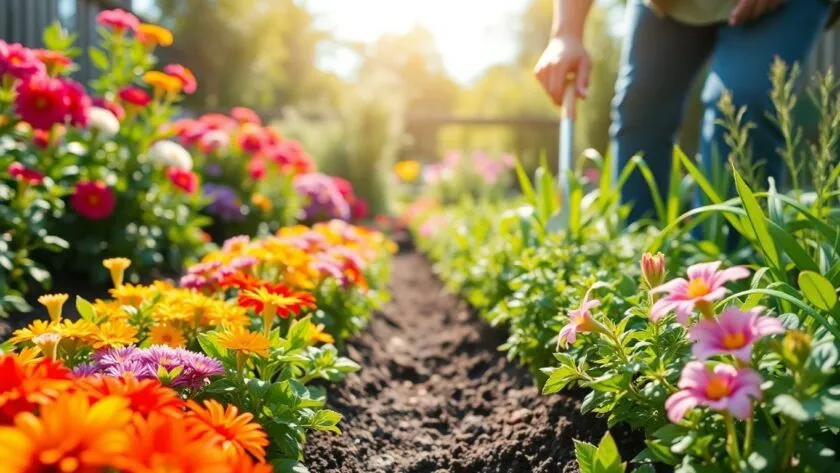 Gardener working in a colorful flower garden.