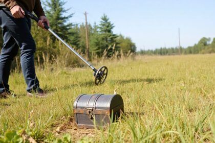 Person metal detecting in a grassy field with trees.