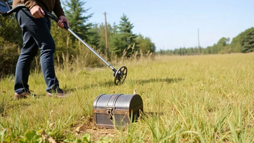 Person metal detecting in a grassy field with trees.