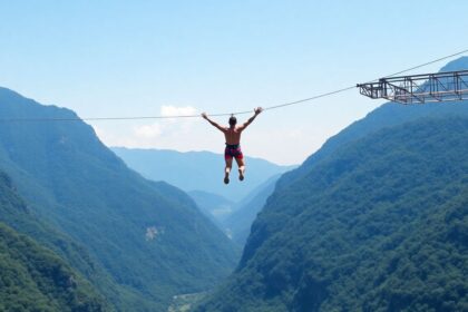 Bungee jumper soaring above green mountains and blue sky.