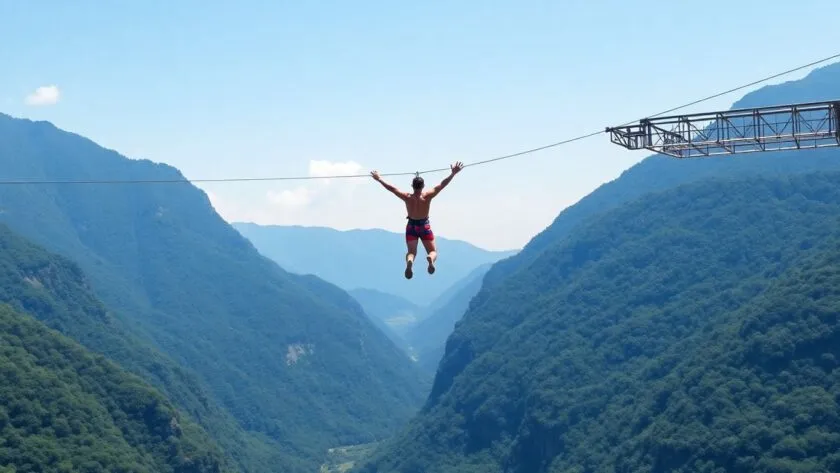 Bungee jumper soaring above green mountains and blue sky.