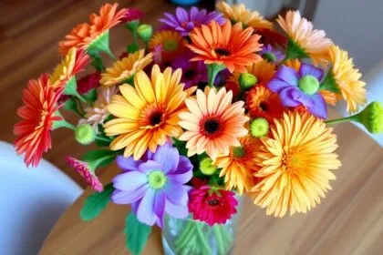 Colorful flowers in a glass vase on a table.