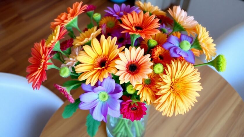 Colorful flowers in a glass vase on a table.