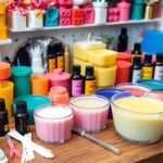 Colorful candle making supplies on a wooden table.