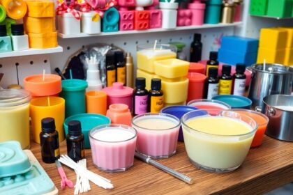 Colorful candle making supplies on a wooden table.