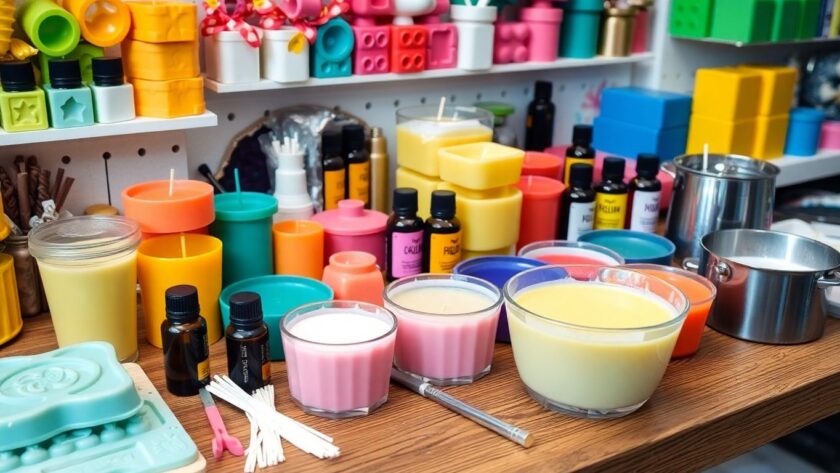 Colorful candle making supplies on a wooden table.