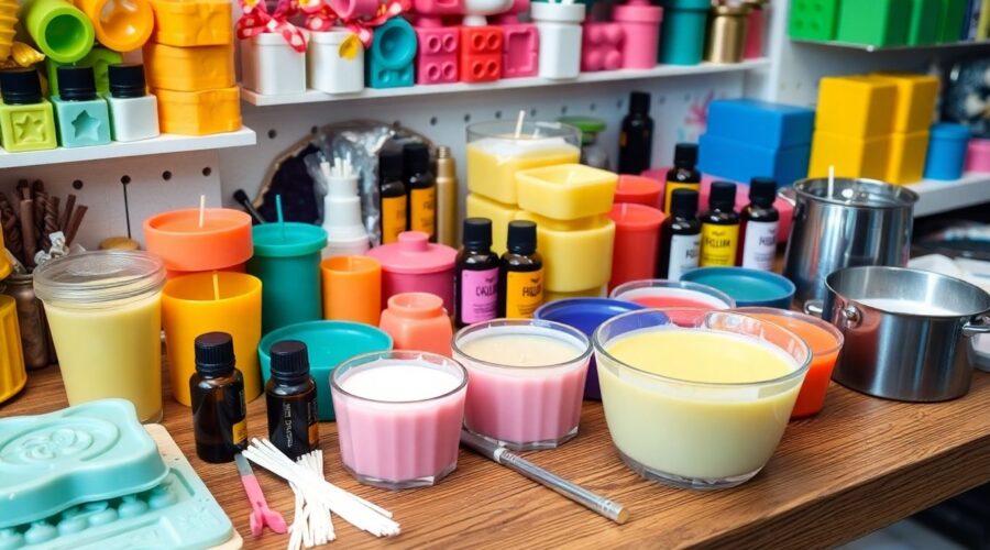 Colorful candle making supplies on a wooden table.