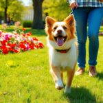 Dog and owner walking in a sunny park.