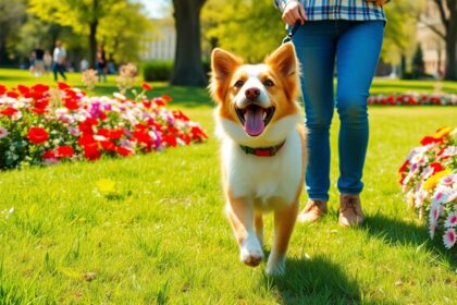 Dog and owner walking in a sunny park.