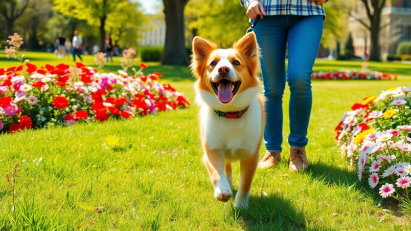 Dog and owner walking in a sunny park.