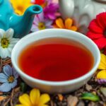 Tea cup with loose leaves and flowers around it.