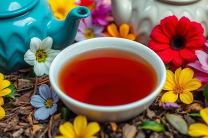 Tea cup with loose leaves and flowers around it.