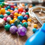 Colorful beads and tools for jewelry making on a table.