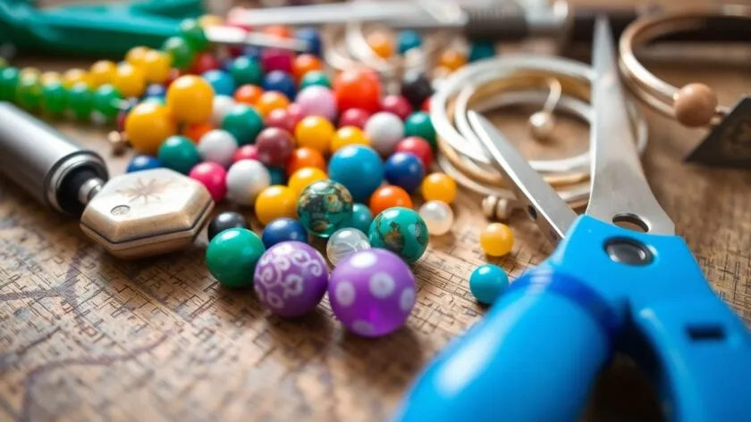 Colorful beads and tools for jewelry making on a table.