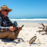 Treasure hunter on beach with metal detector and seashells.