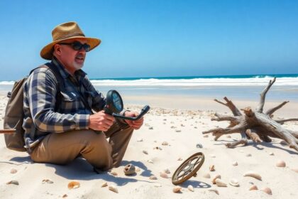 Treasure hunter on beach with metal detector and seashells.