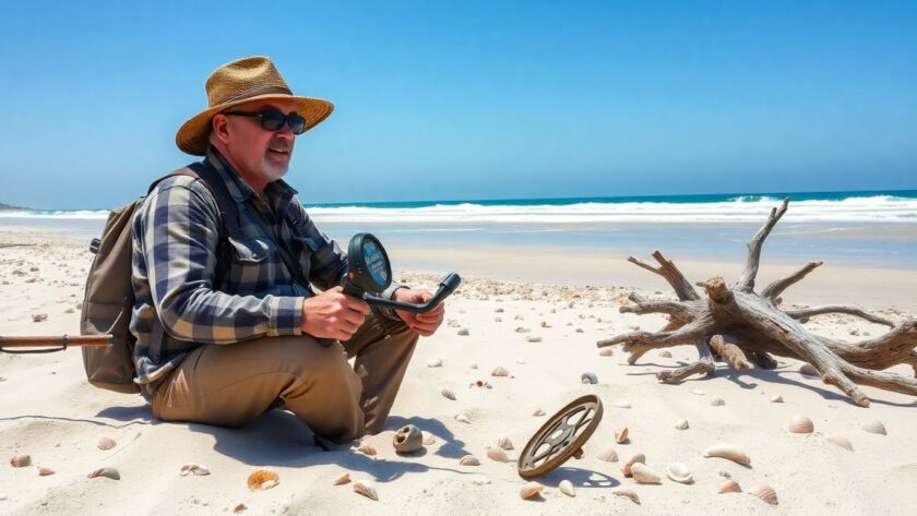 Treasure hunter on beach with metal detector and seashells.