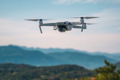 Drone flying over a picturesque landscape with mountains.