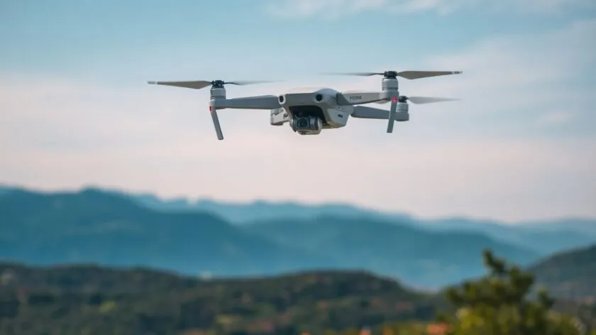 Drone flying over a picturesque landscape with mountains.