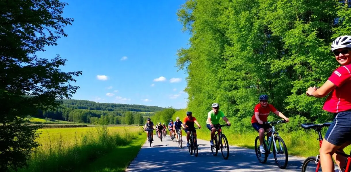 Group of cyclists on a scenic trail in nature.