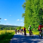 Group of cyclists on a scenic trail in nature.