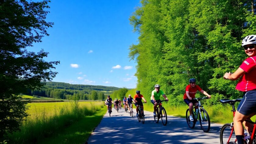 Group of cyclists on a scenic trail in nature.