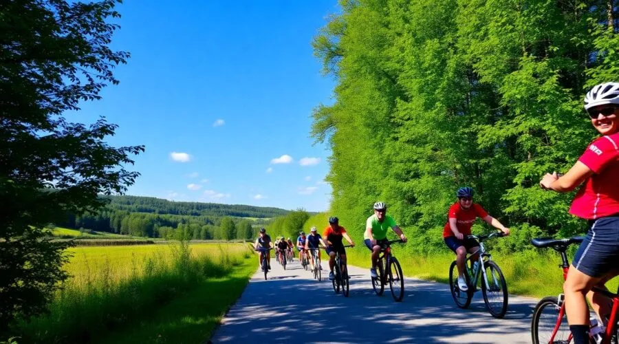 Group of cyclists on a scenic trail in nature.