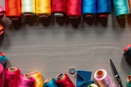 Colorful sewing materials on a wooden table.