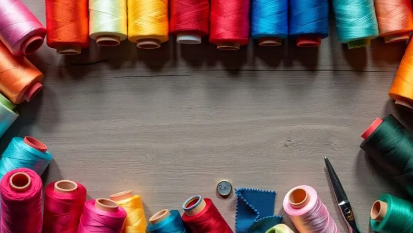 Colorful sewing materials on a wooden table.