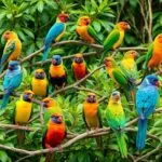 Colorful birds perched on branches in a green setting.