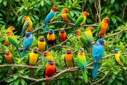 Colorful birds perched on branches in a green setting.