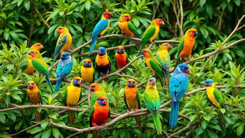 Colorful birds perched on branches in a green setting.