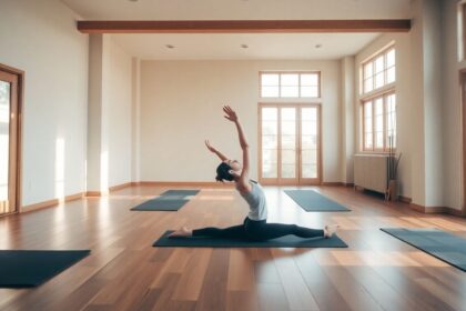 Person practicing Pilates in a bright studio.