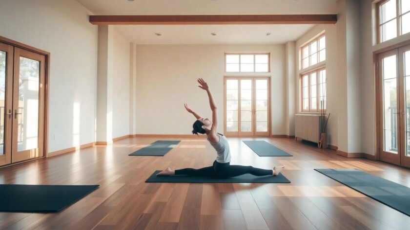 Person practicing Pilates in a bright studio.