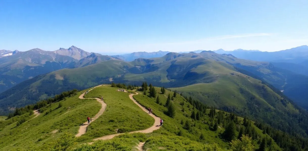 Hikers on a trail in a beautiful mountain landscape.