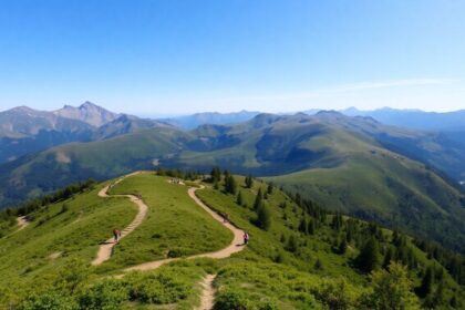 Hikers on a trail in a beautiful mountain landscape.