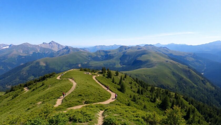 Hikers on a trail in a beautiful mountain landscape.