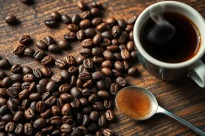 Close-up of coffee beans and a steaming cup.