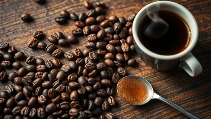 Close-up of coffee beans and a steaming cup.