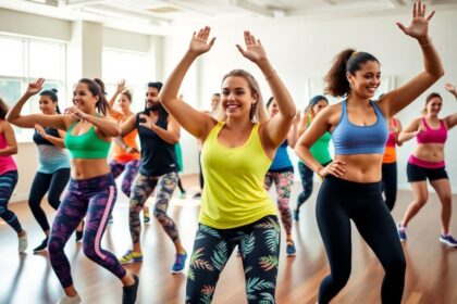 Diverse group dancing energetically in a Zumba class.