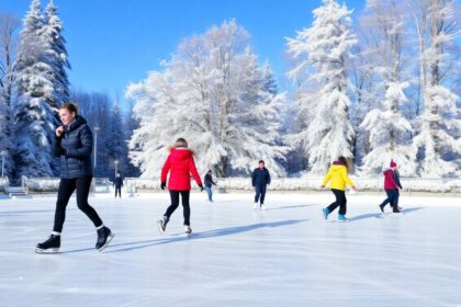 Beginners ice skating on a frozen rink outdoors.