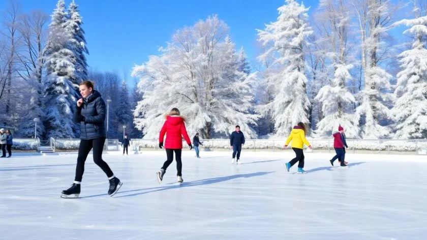 Beginners ice skating on a frozen rink outdoors.