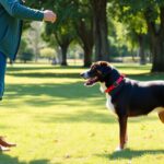 Person training a dog in a sunny park.