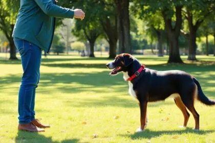 Person training a dog in a sunny park.